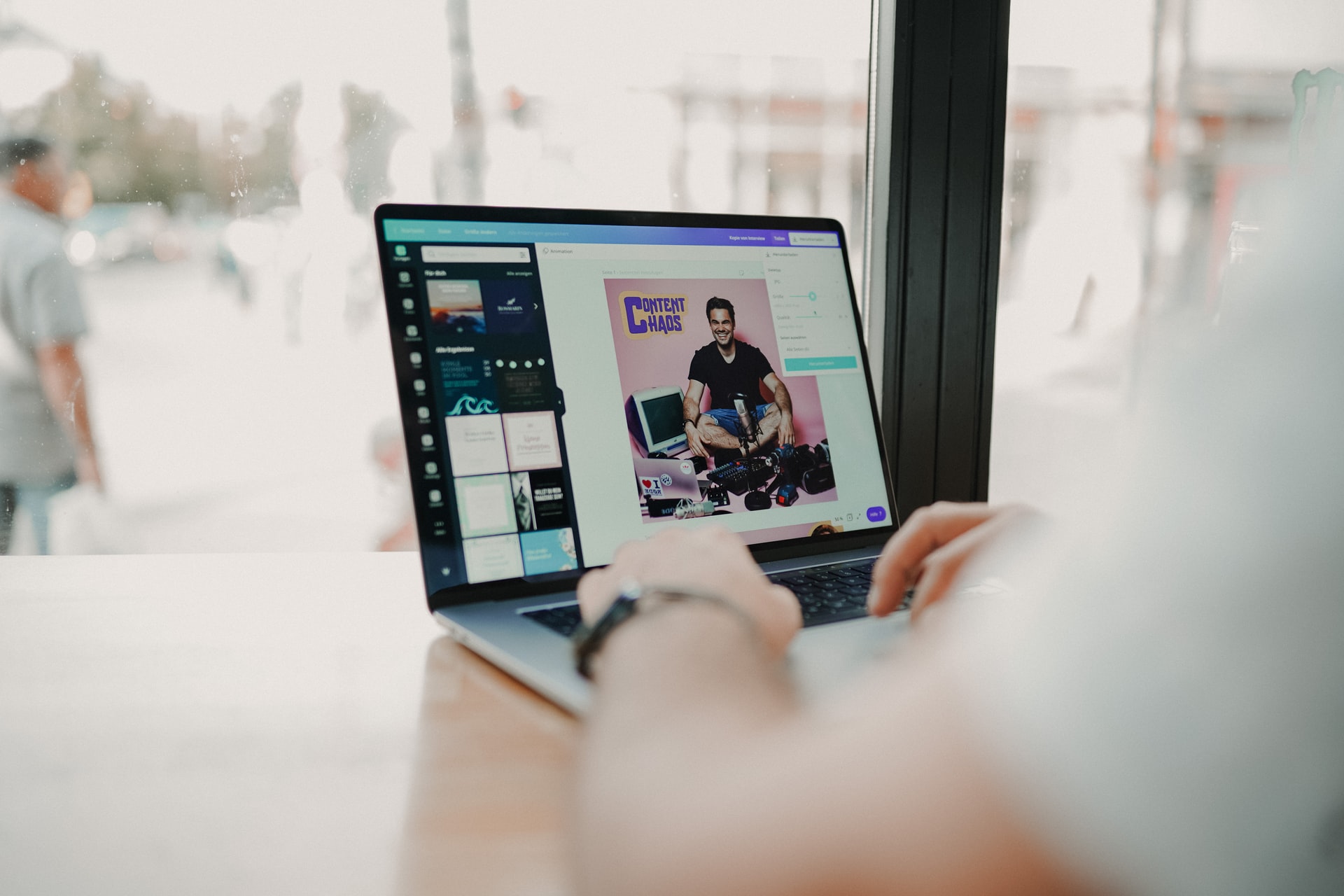the screen of a computer showing a cover image being created in Canva for a content creation podcast