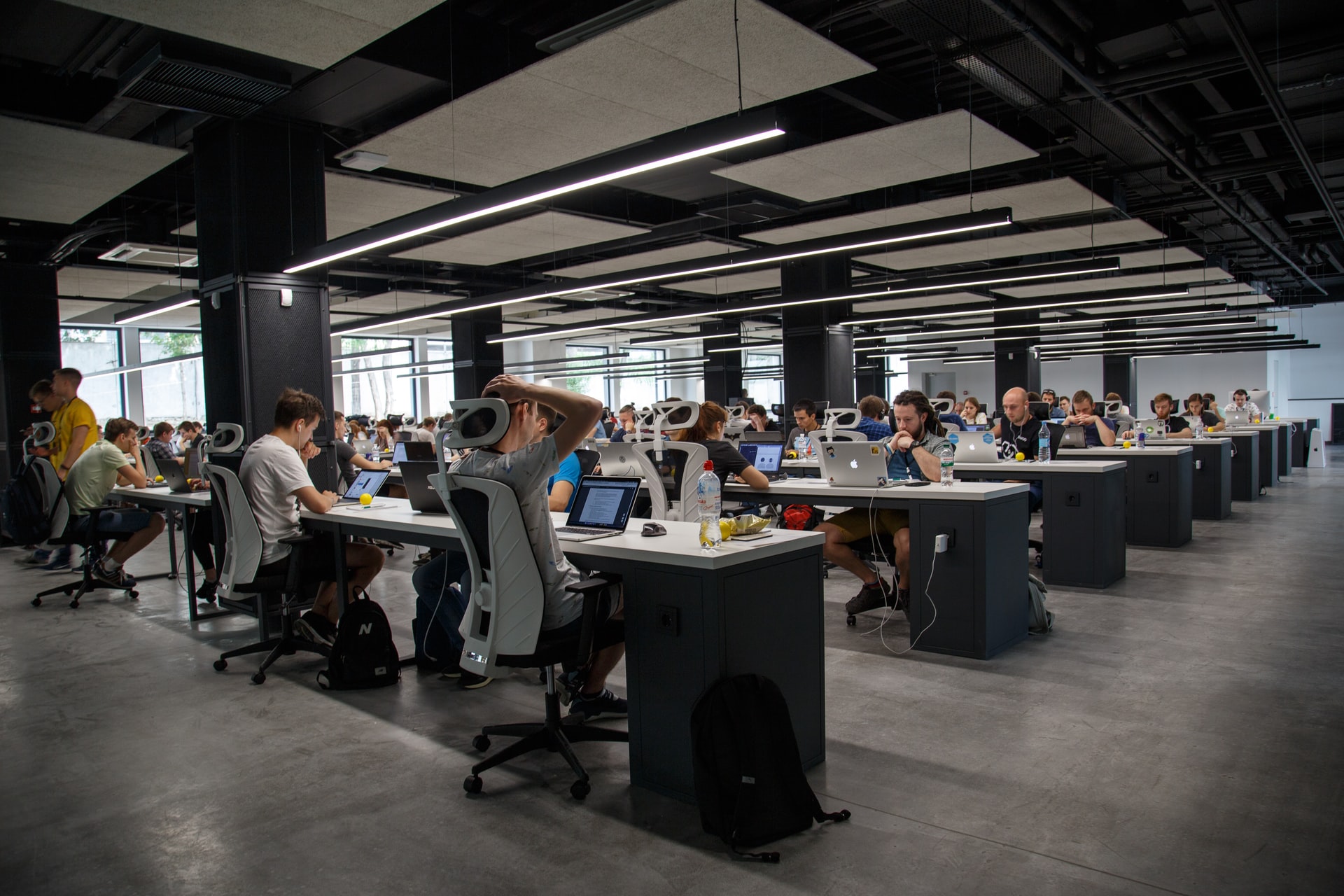 a busy office production floor