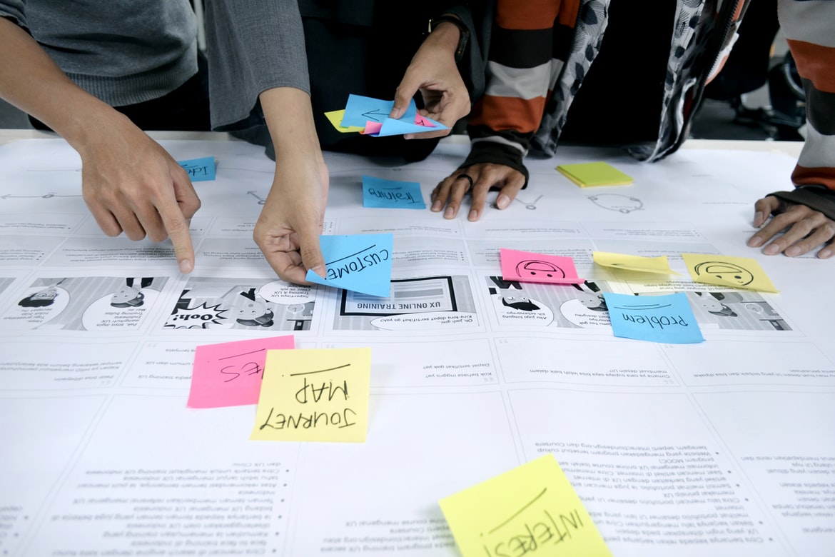 marketing team working on a competitive content analysis brainstorming session