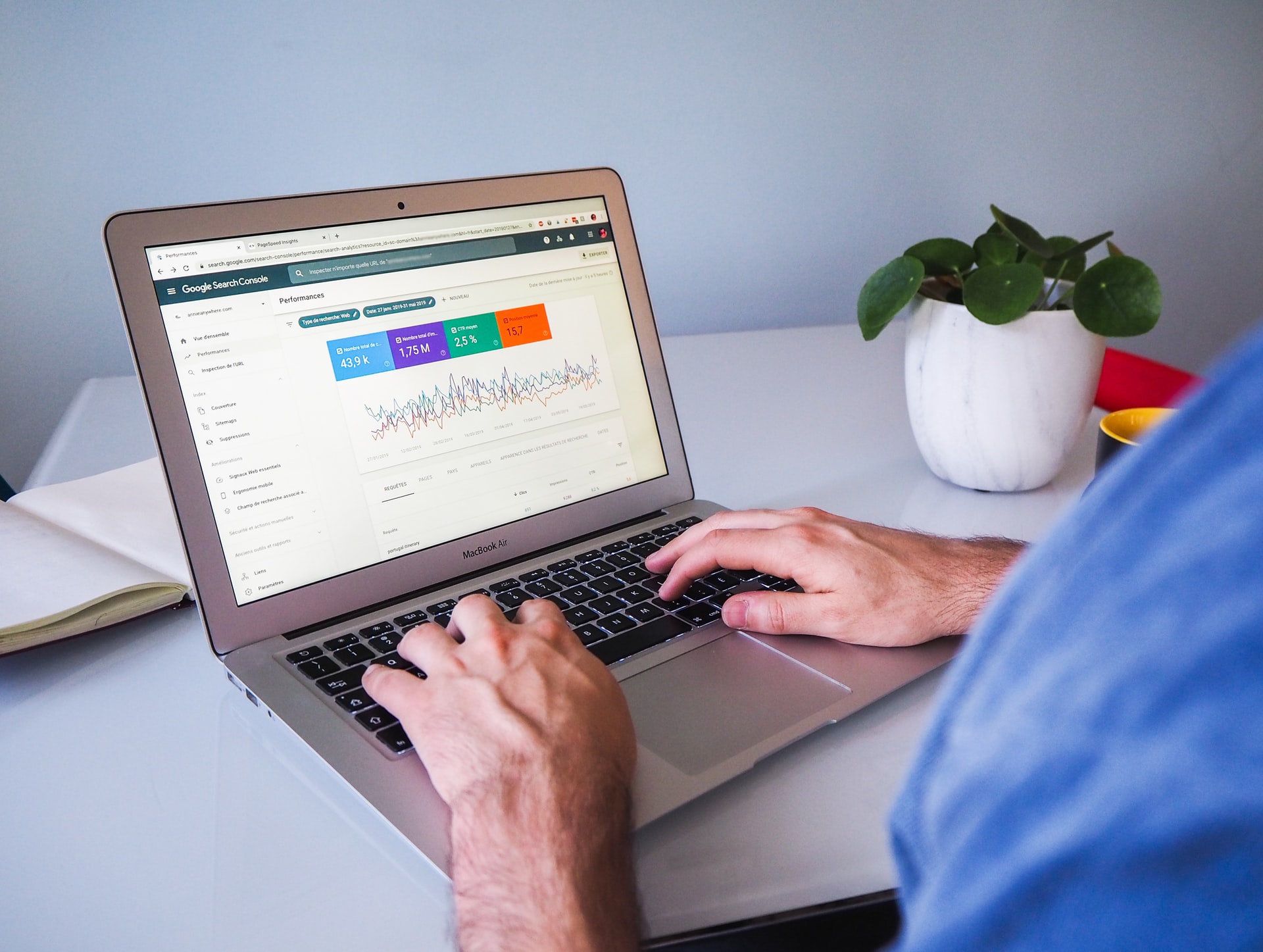 a digital marketer measuring SEO results via Google Analytics on a laptop